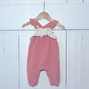 RABBIT BEAR EUC 100% Organic Cotton Girls Pink Ruffle Muslin Jumpsuit